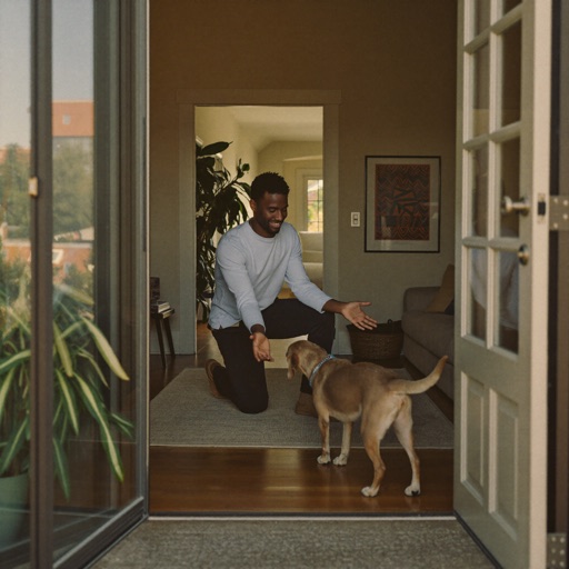 A host kneeling in the doorway of his home to welcome a dog for a boarding stay